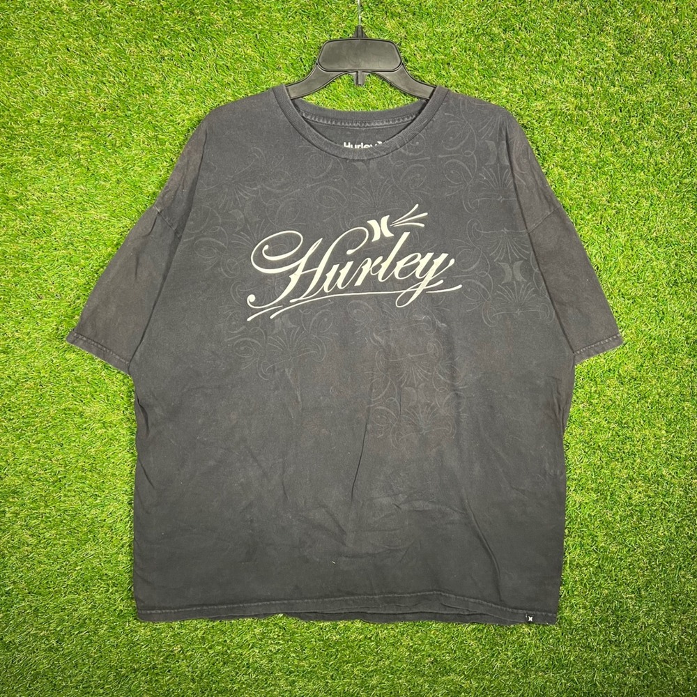 Hurley Mens XXL Black Graphic T-Shirt Script Logo Regular Fit Cotton Tee Y2K‎